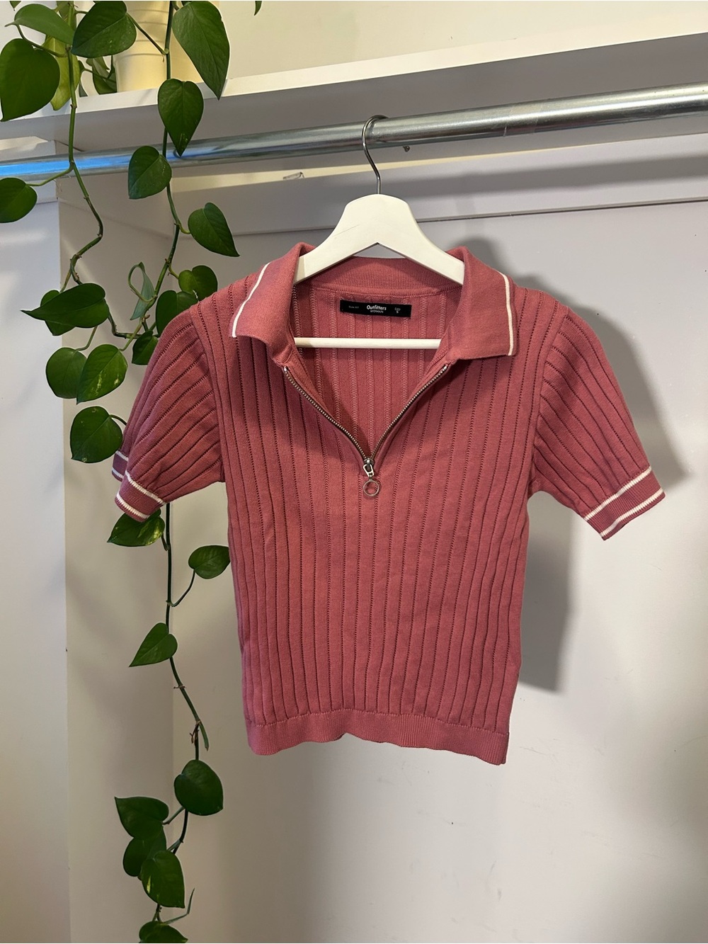 Ribbed Pink Zip Polo Top - Unbranded